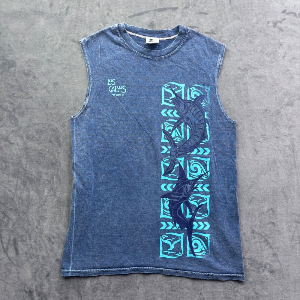 Mr Buho Los Cabos Mexico Marlin Graphic Muscle Tee Blue Cotton Mens Medium Beach